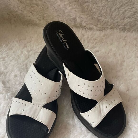 Skechers Rumbler white  wedge slip on straps sandals silver studs accent SZ11 - Picture 2 of 12
